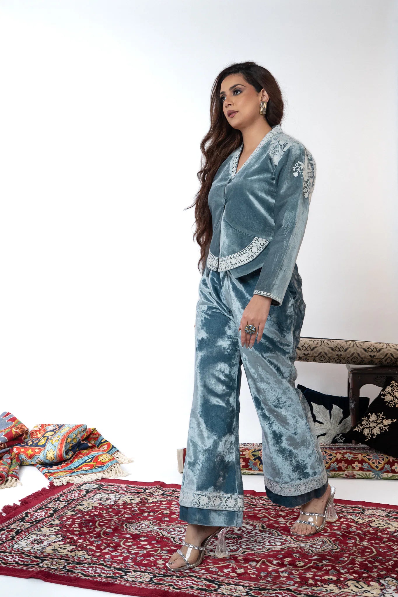 Azzura – Blue Silk Velvet Co-Ord Set with Aari & Zari Work | Glancia