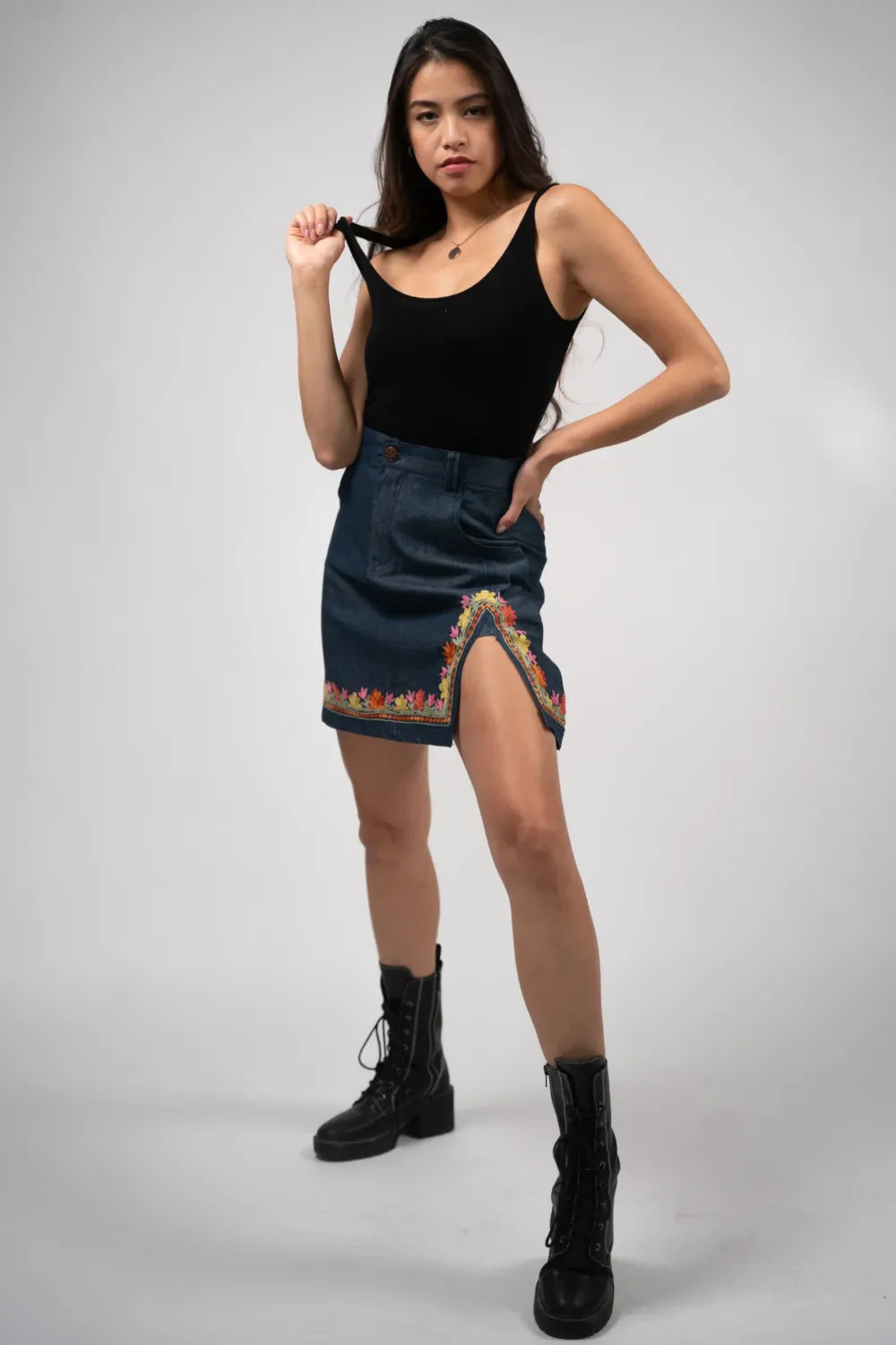 Embroidered Edge Denim Skirt