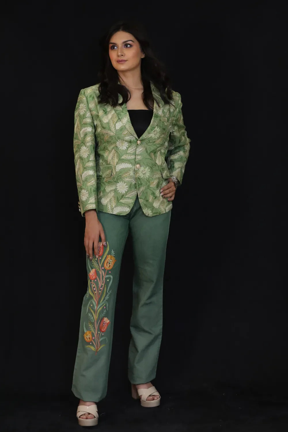 Sage Blossom Embroidered Women's Blazer