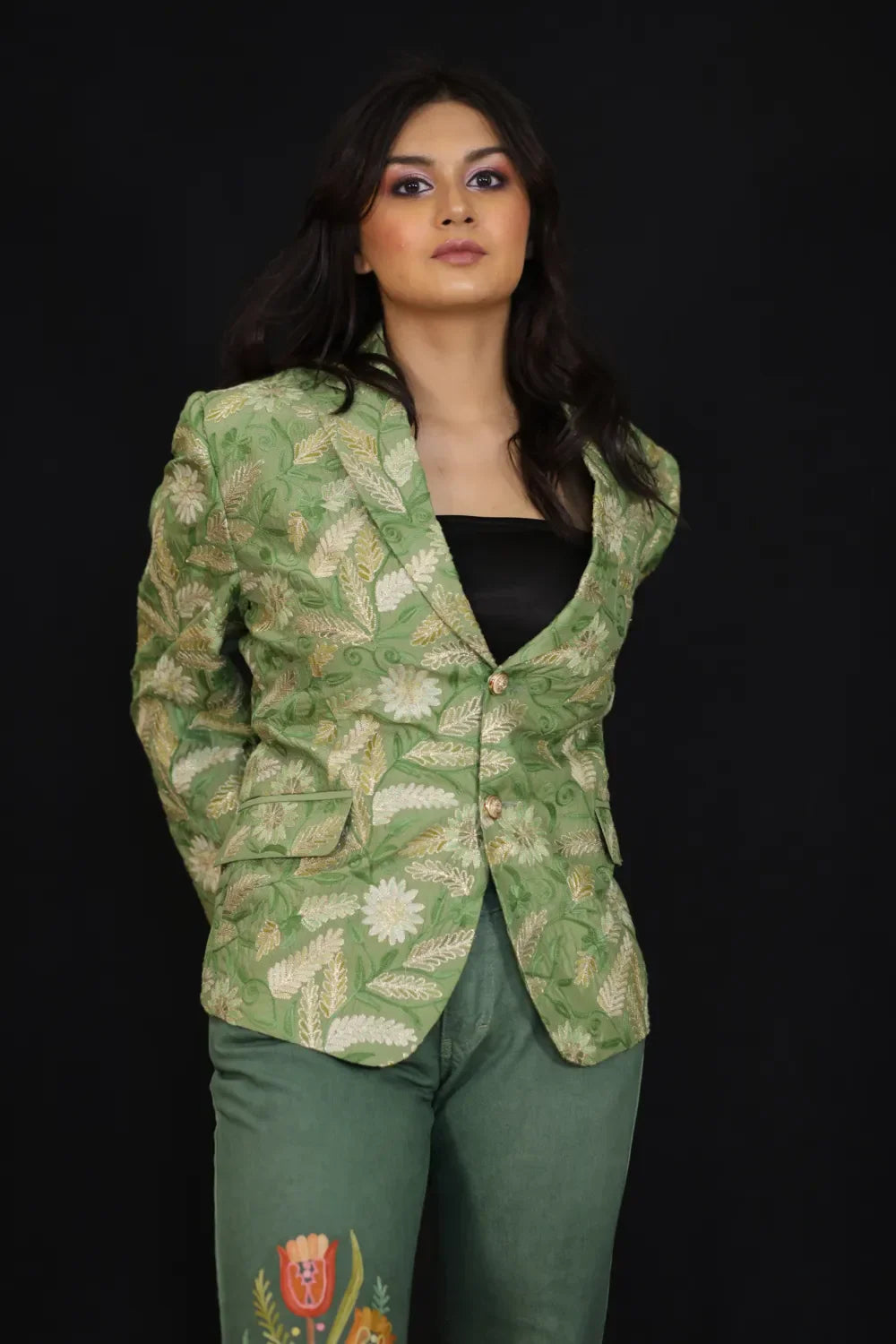Sage Blossom Embroidered Women's Blazer