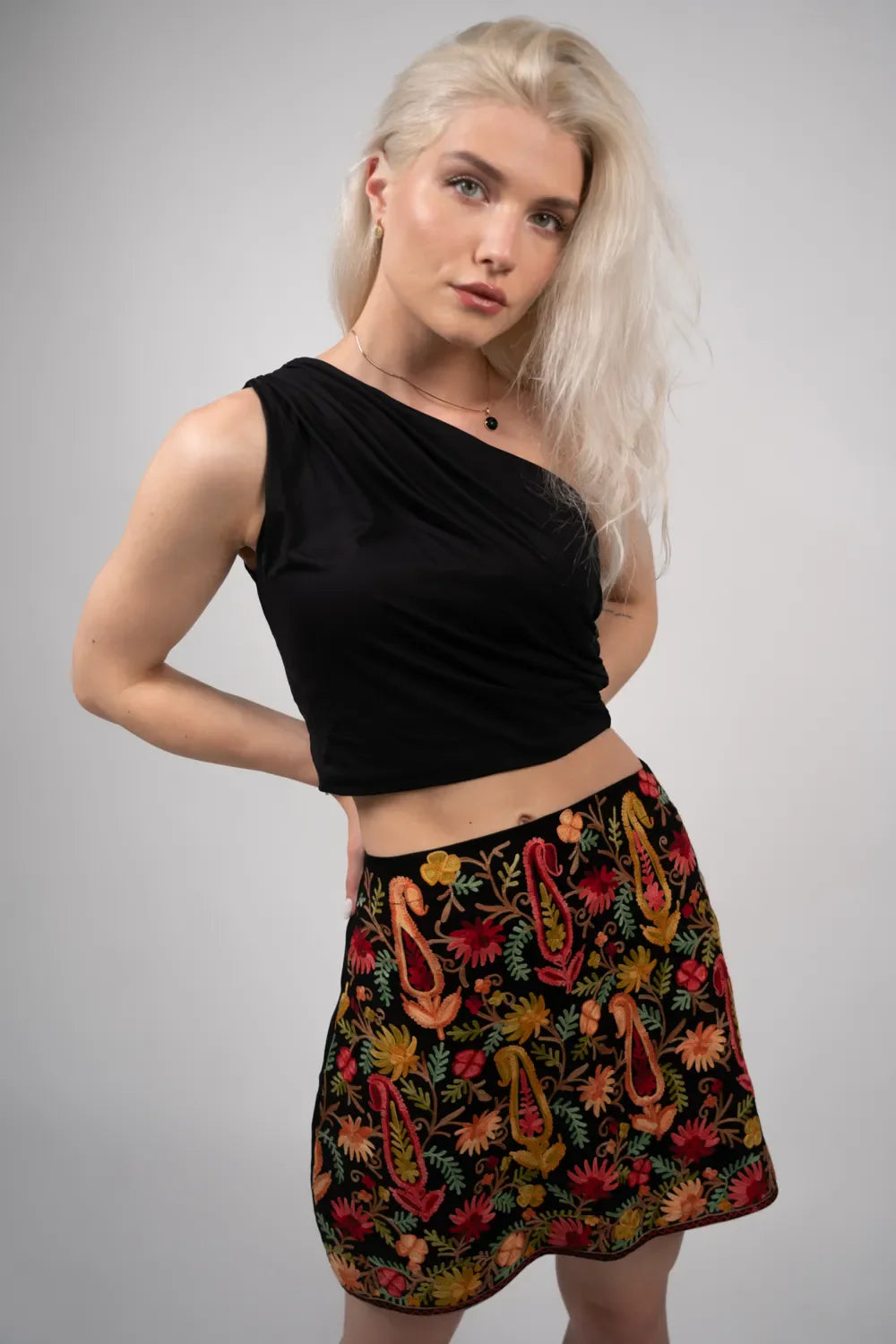 Custom Paisley Embroidery Jaal Black Skirt