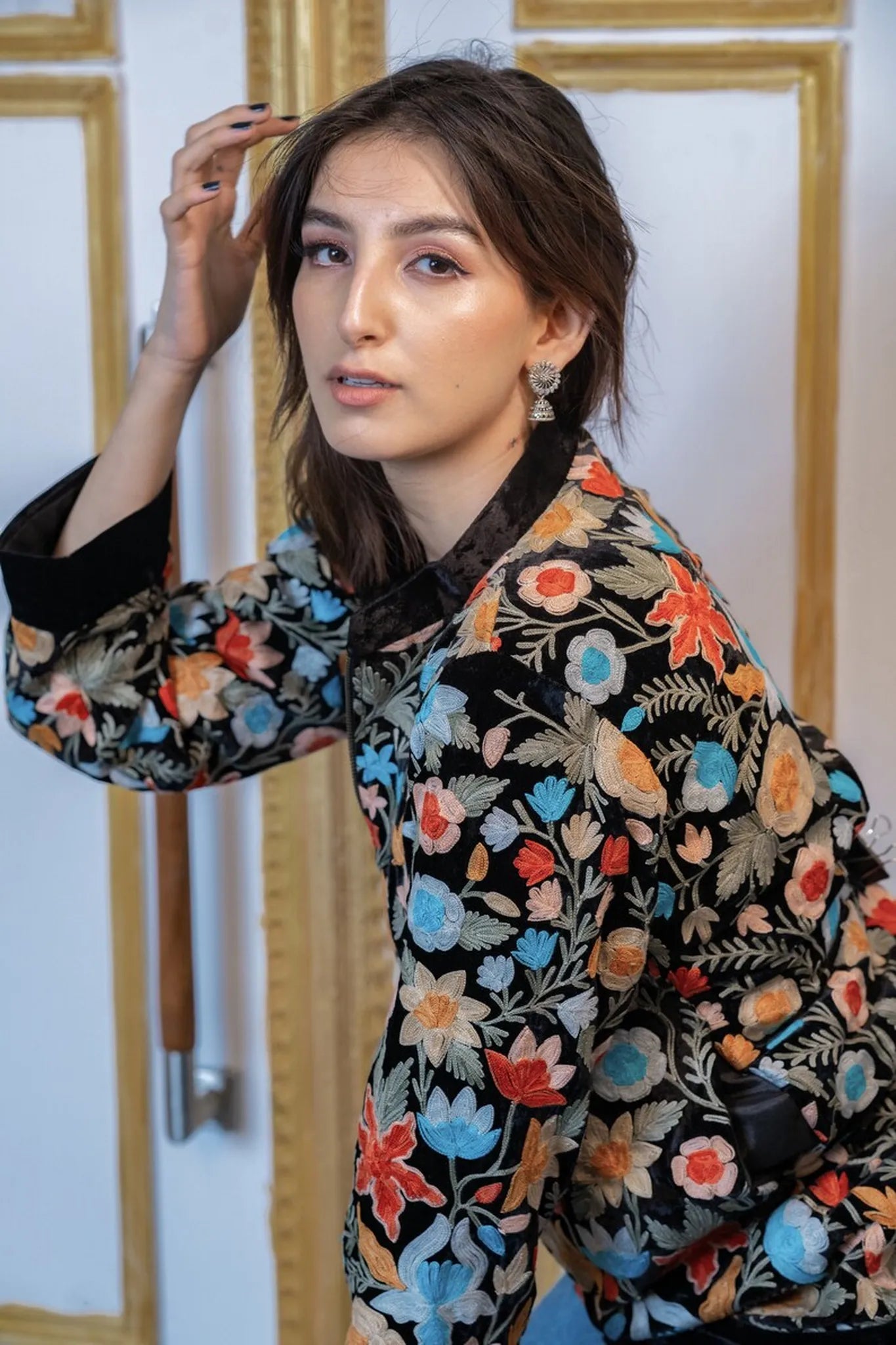 Floral Finesse Velvet Zipper Jacket