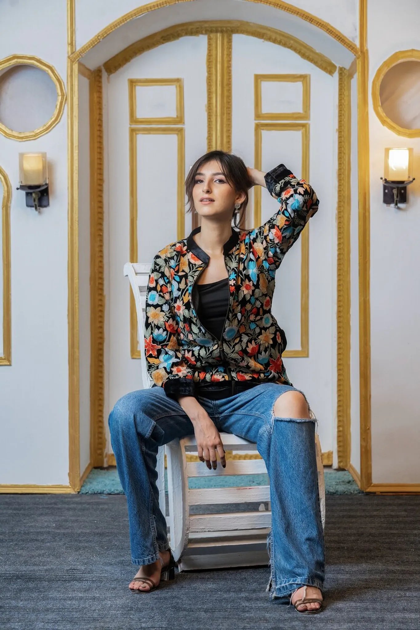 Floral Finesse Velvet Zipper Jacket