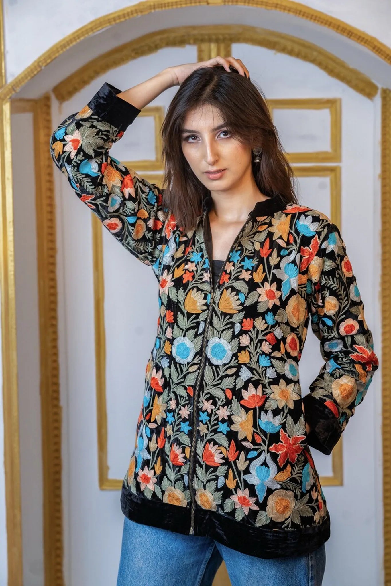 Floral Finesse Velvet Zipper Jacket