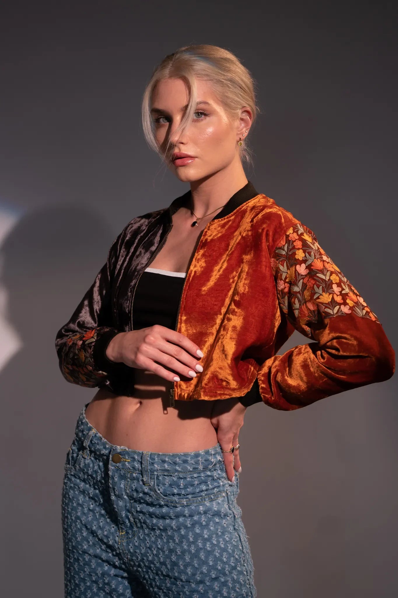 Buy Women s Crop Bomber Jacket Grey Orange Glancia