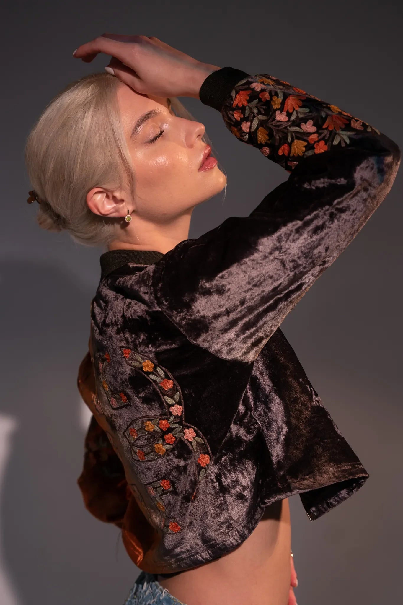 Crop Bomber Jacket: Grey & Orange
