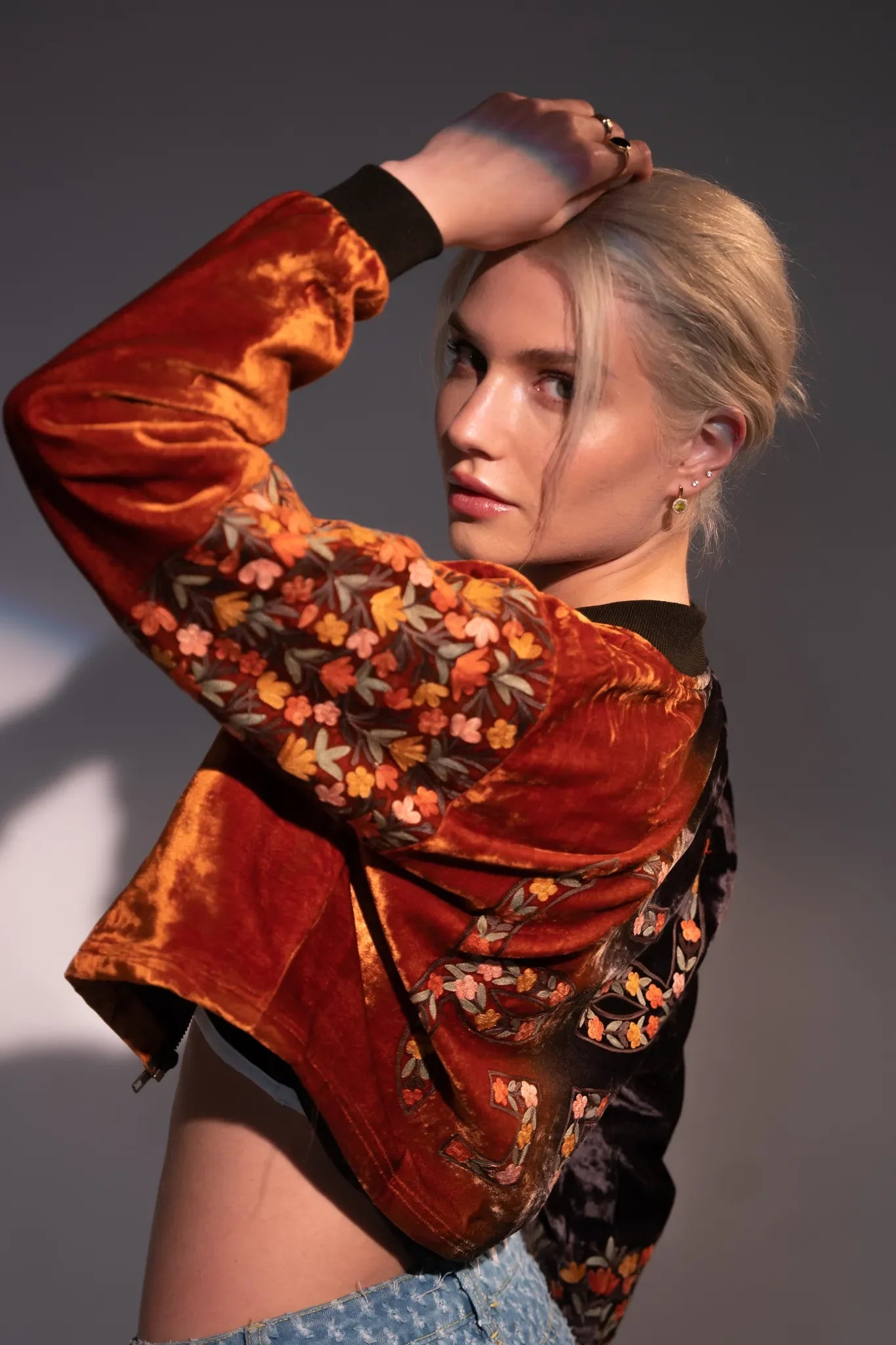 Crop Bomber Jacket: Grey & Orange