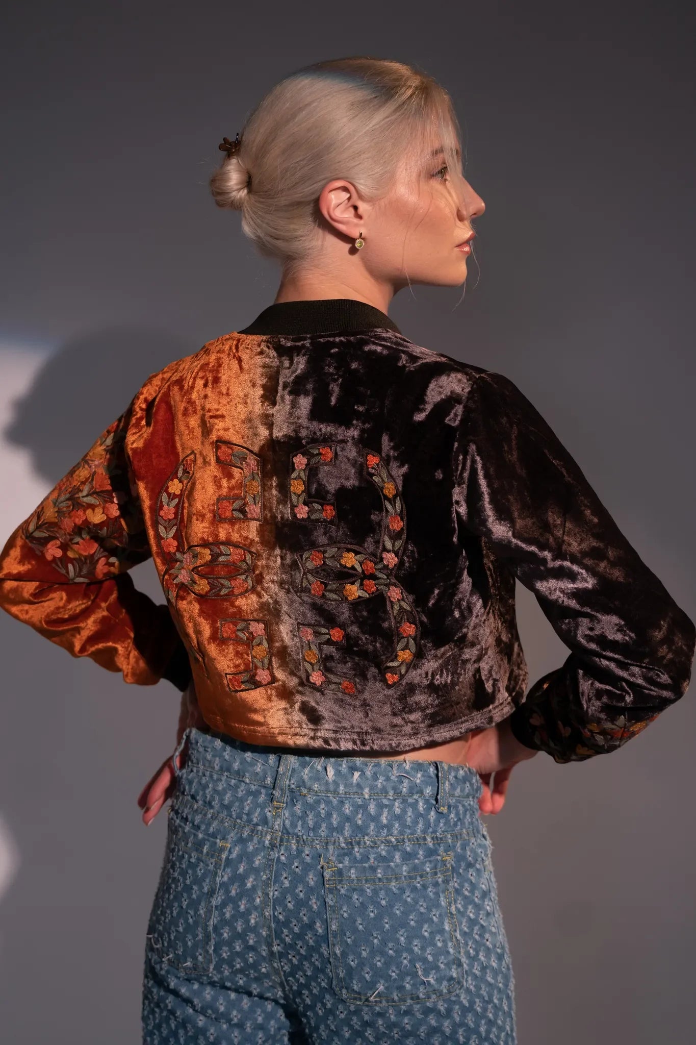 Crop Bomber Jacket: Grey & Orange
