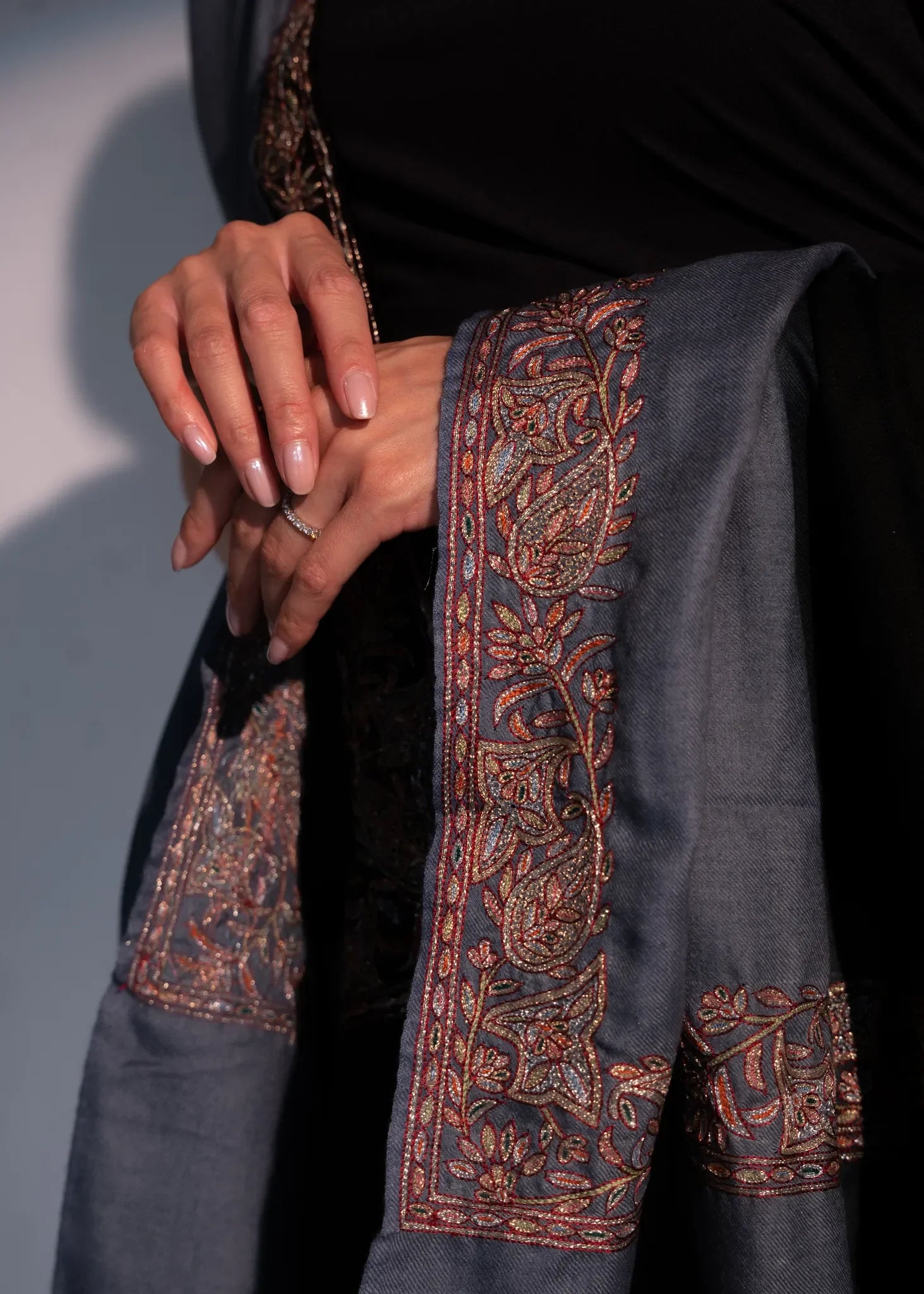 Grey Black Imperial Threads Cashmere Shawl