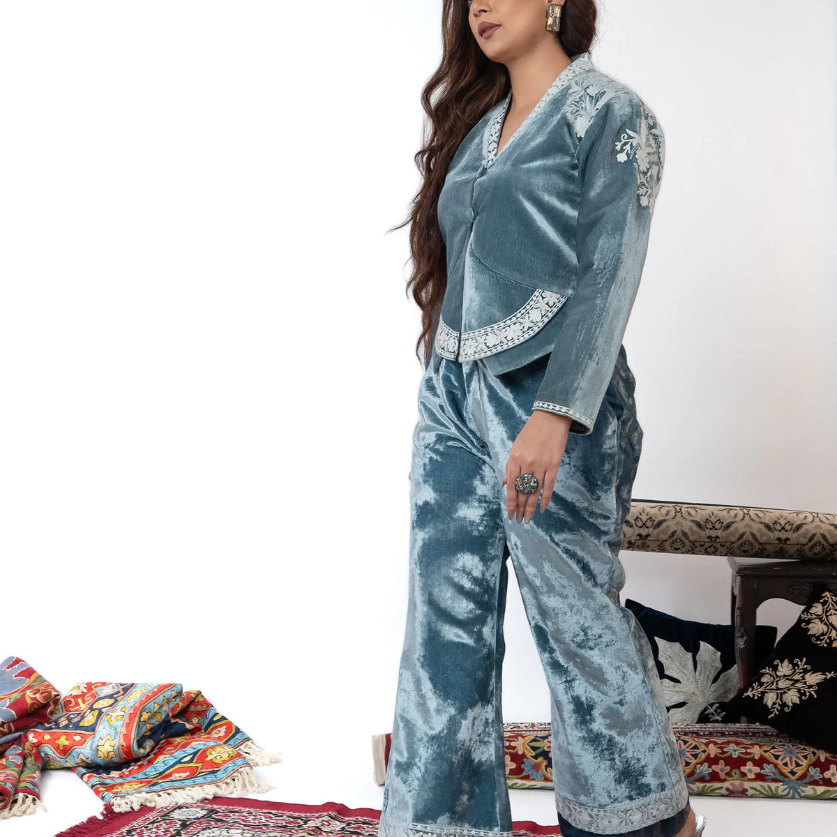Azzura – Blue Silk Velvet Co-Ord Set with Aari & Zari Work | Glancia
