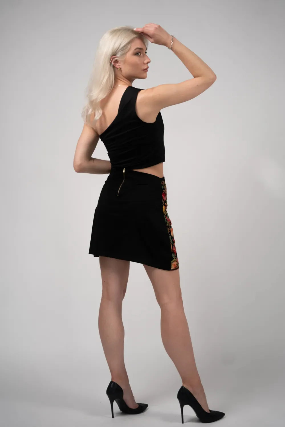 Custom Paisley Embroidery Jaal Black Skirt