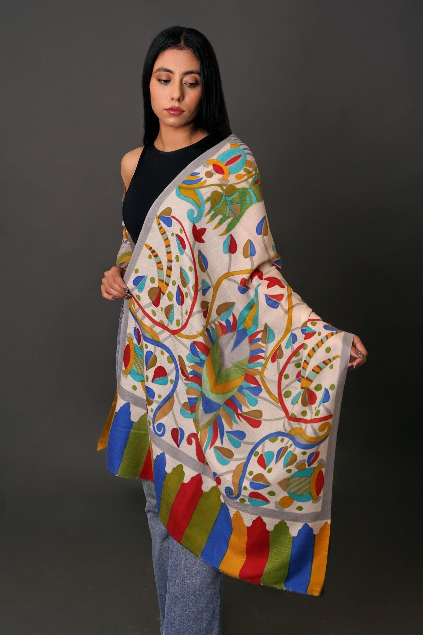 White Hand Painted Cashmere Scarf