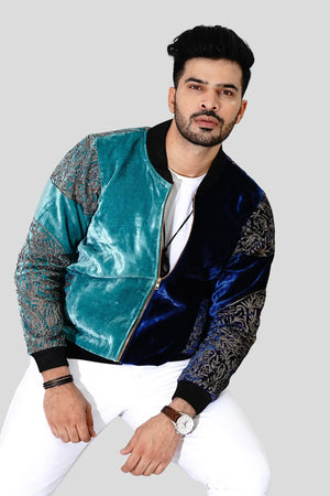 Blue velvet bomber jacket mens clearance